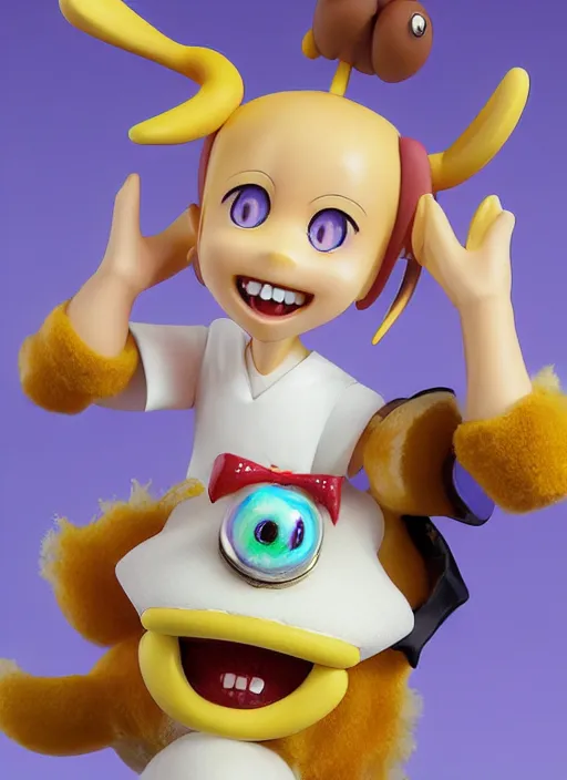 Prompt: a hyperrealistic Kotobukiya oil panting of a looney kawaii vocaloid figurine caricature with a big dumb goofy buck tooth grin, freckles, and pretty sparkling anime eyes featured on Wallace and Gromit by norman rockwell