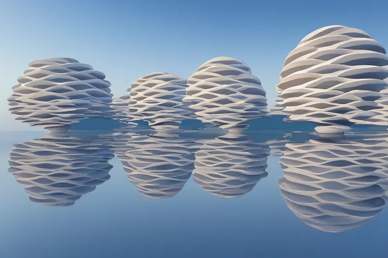 Image similar to 2 0 white round soft egg shaped buildings intersect up and down to form a post - modern building by pierre bernard, on the calm lake, people's perspective, future, interior wood, dusk, unreal engine highly rendered, global illumination, radial light, internal environment