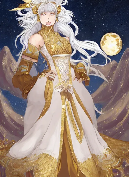 Image similar to commissioned full body portrait of a female anthro wolf princess fursona with white hair wearing a white and gold Chinese armored dress in a white and gold palace on a starry night with a large crescent moon, by a professional manga illustrator, Stanley Artgerm Lau, WLOP, Rossdraws, James Jean, Andrei Riabovitchev, Marc Simonetti, and Sakimichan, trending on artstation