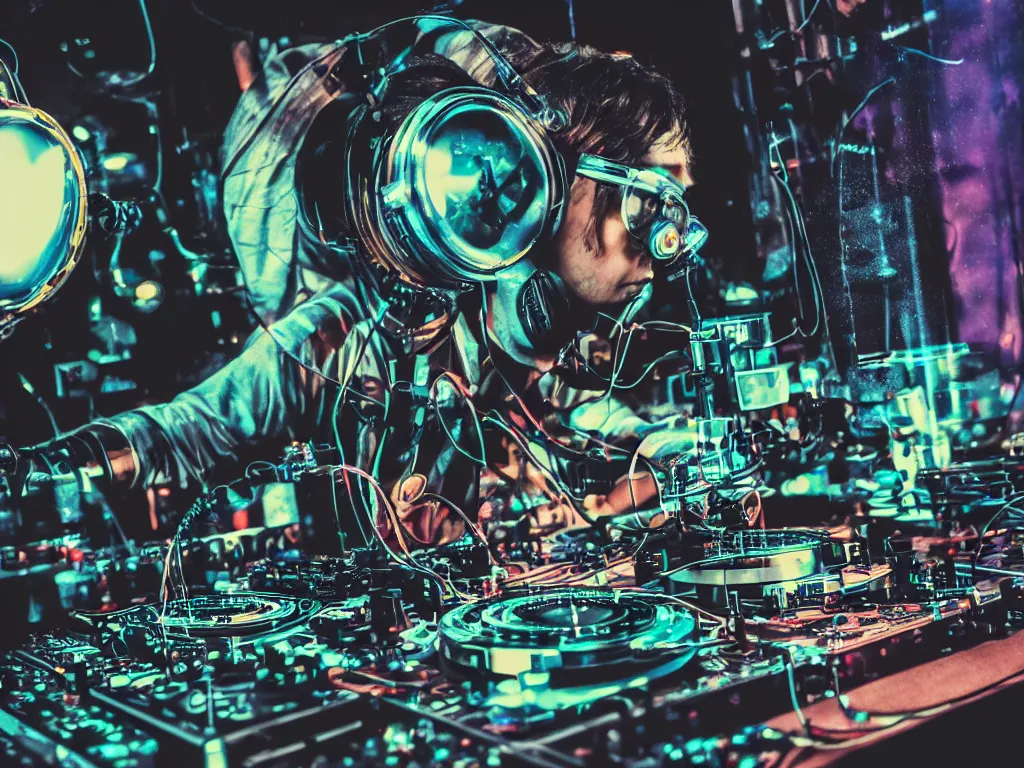 Image similar to a person wearing goggles and visor and headphones using a steampunk record player contraption, wires and tubes, turntablism dj scratching, intricate planetary gears, cinematic, imax, sharp focus, leds, bokeh, iridescent, black light, fog machine, hazy, lasers, hyper color digital art, cyberpunk