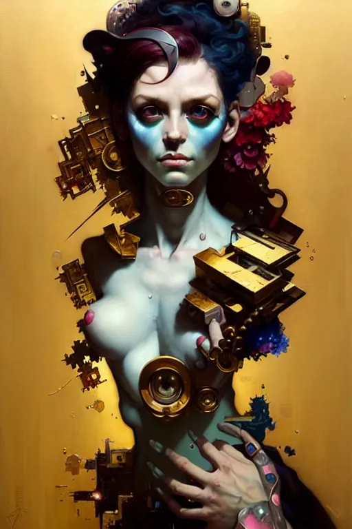 Prompt: portrait, patchwork doll, cyberpunk, elegant baroque, expressive, asymmetrical art, hyperrealism, colorful, vivid, imposing, epic, abstract texture, gold leaf texture, artstation, concept art, by peter mohrbacher and wlop and rhads and artgerm and magali villeneuve and alphonse mucha