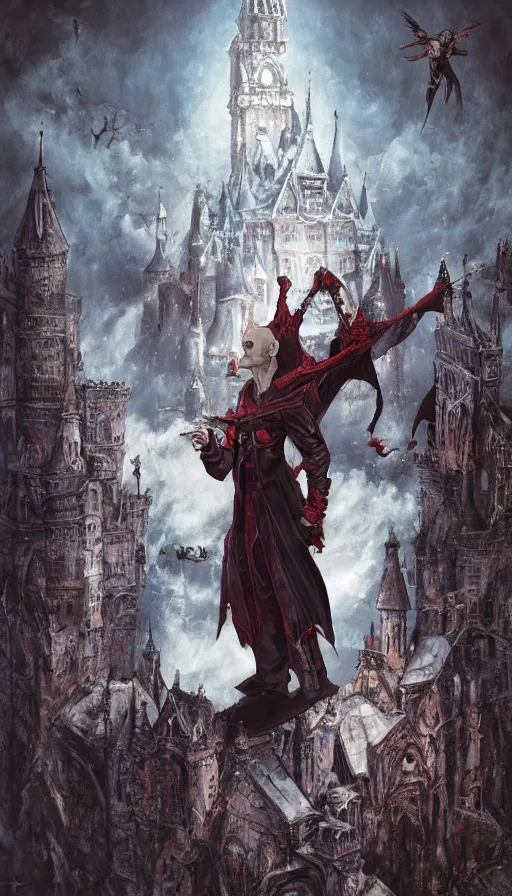 Image similar to Vampire Vladmir Putin over a Medieval Gothic Castle, by Ayami Kojima, studio ghibli, cinematic lighting, intricate, highly detailed, digital painting, trending on artstation, Illustration, epic scale