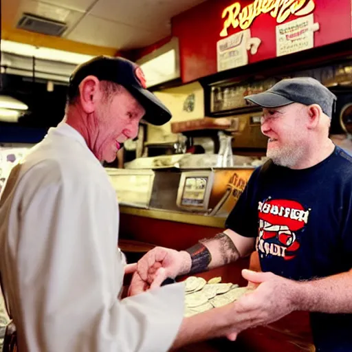 Prompt: a photograph of a real - life popeye the sailor man handing change to a customer at a popeye's chicken restaurant. he is behind the counter wearing a uniform, the customer is wearing khakis and a coat.