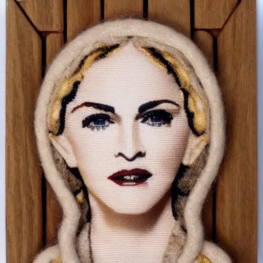 Prompt: madonna made from wood and wool only