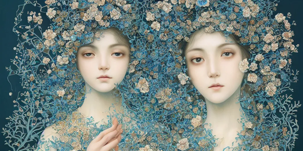 Image similar to breathtaking detailed concept art painting of the goddesses of nemophila flowers, orthodox saint, with anxious, piercing eyes, ornate background, amalgamation of leaves and flowers, by Hsiao-Ron Cheng, James jean, Miho Hirano, Hayao Miyazaki, extremely moody lighting, Black paper, cut paper texture, Full of light-blue and silver and white layers, 8K