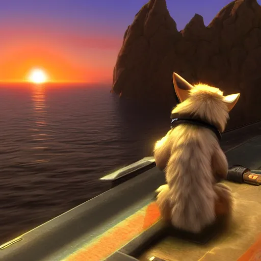 Image similar to high quality photo of star fox looking out at the ocean at sunset realism 8k award winning photo