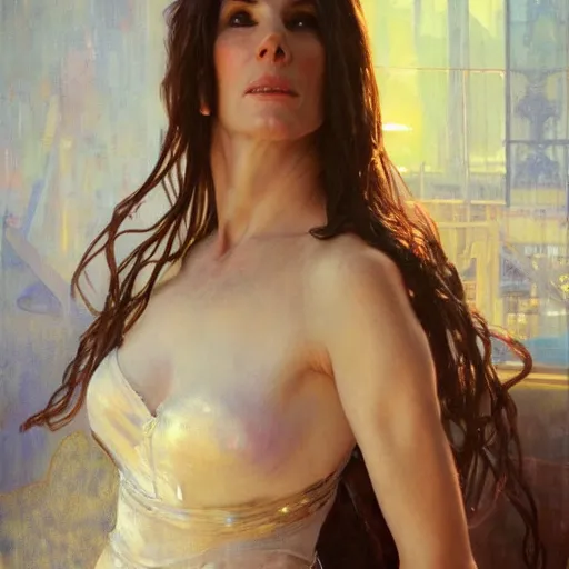 Image similar to hyperrealist portrait of sandra bullock as lady godiva. by jeremy mann and alphonse mucha, fantasy art, photo realistic, dynamic lighting, artstation, poster, volumetric lighting, very detailed faces, 4 k, award winning