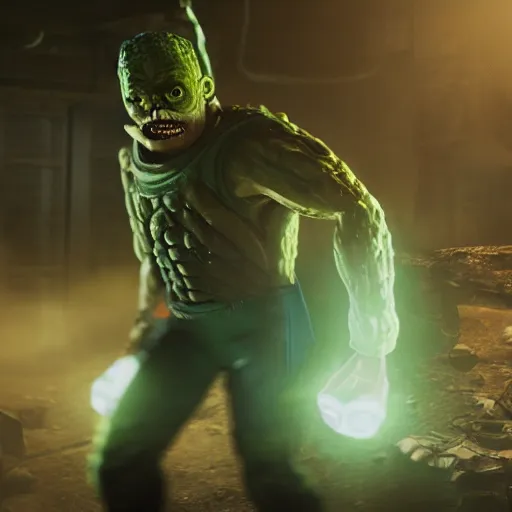 Prompt: pickle rick! as superman! flying in ( gears of war ), splash art, movie still, detailed face, photorealistic facial features, cinematic lighting, dramatic, octane render, long lens, shallow depth of field, bokeh, anamorphic lens flare, 8 k, hyper detailed, 3 5 mm film grain
