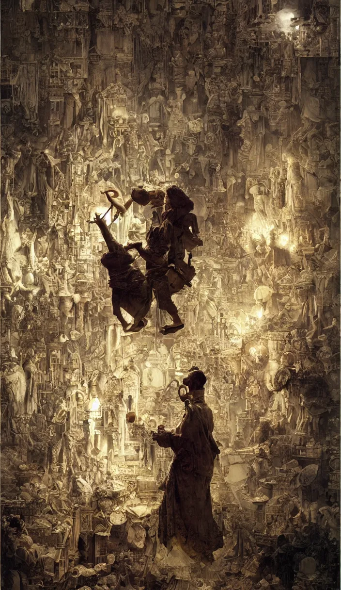 Image similar to a god as a puppet master of mankind, part by norman rockwell, part by greg rutkowski, part by mattias adolfsson, high angle, intricate, detailed, ( ( ( volumetric lighting ) ) ), oil on canvas