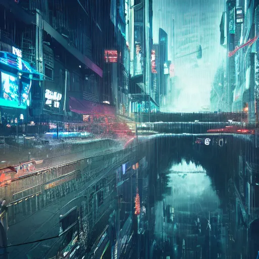 Prompt: a giant terrifying stream destroying a dystopian city, cyberpunk, sharp focus, dynamic lights, still, photograph, hyper realistic, masterpiece, octane render, rendered, 3 d, cinematic, cinematic lighting, dramatic lighting, highly detailed, intricate details, texture, cinematic composition, by donglu yu and kevin jick and eddie del rio