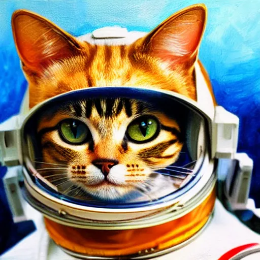 Image similar to oil painting of a cute cat in a astronaut suit with helmet, 35mm, photo, Epic, cinematic, highly detailed and intricate