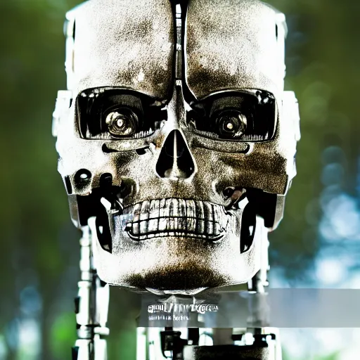 Prompt: super detailed portrait of a terminator's head, packed with cybernetics and and borg enhancements. In a forest with bokeh.