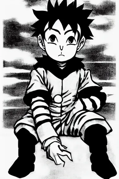 Image similar to salvage little boy in lion suit, black and white artwork made by kentaro miura and yoshihiro togashi