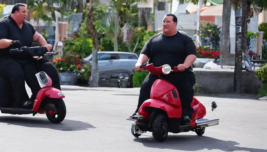 Image similar to obese Steven Seagal riding a mobility scooter, action cinematography