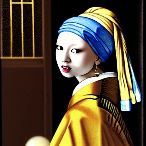 Prompt: portrait of a shiba inu wearing an exotic dress, an oriental turban, and what appears to be a very large pearl as an earring. in the style of girl with a pearl earring by johannes vermeer