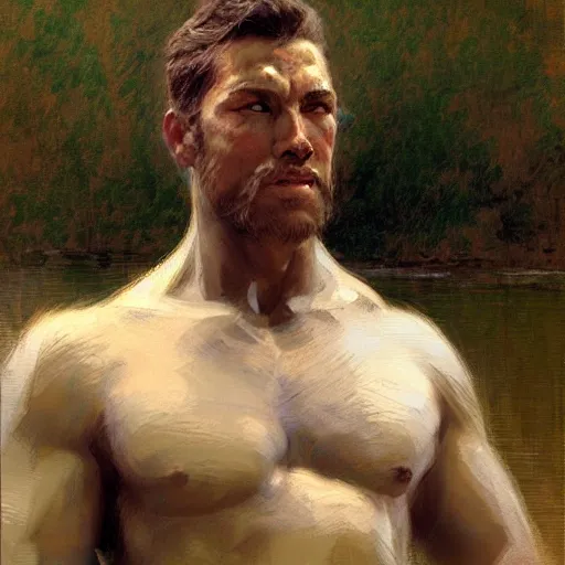 Image similar to man by the river, muscular, detailed face, correct face, painting by Gaston Bussiere, Craig Mullins