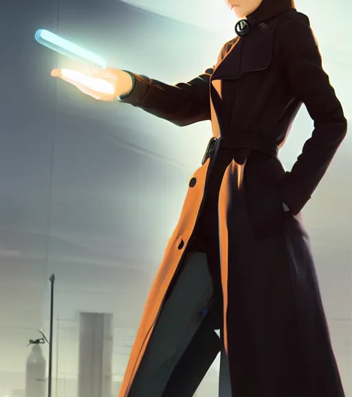 Image similar to realistic render of a cyborg - girl wearing a long trench coat by ross draws, futuristic dystopian city by ilya kuvshinov, digital anime art by ross tran, composition by sana takeda, lighting by greg rutkowski