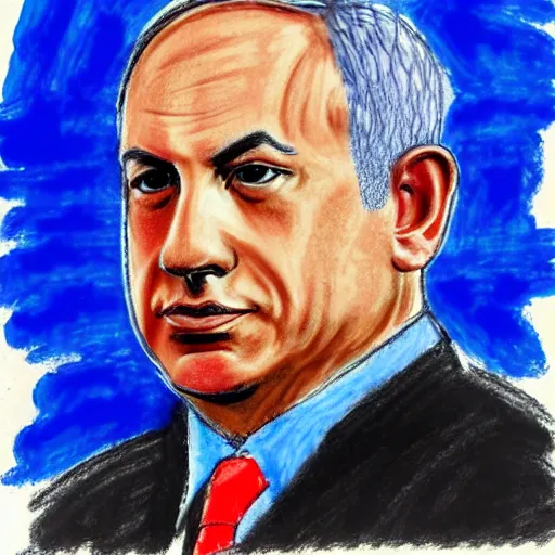 Image similar to portrait of benjamin netanyahu, drawn by a child, in oil pastel colors