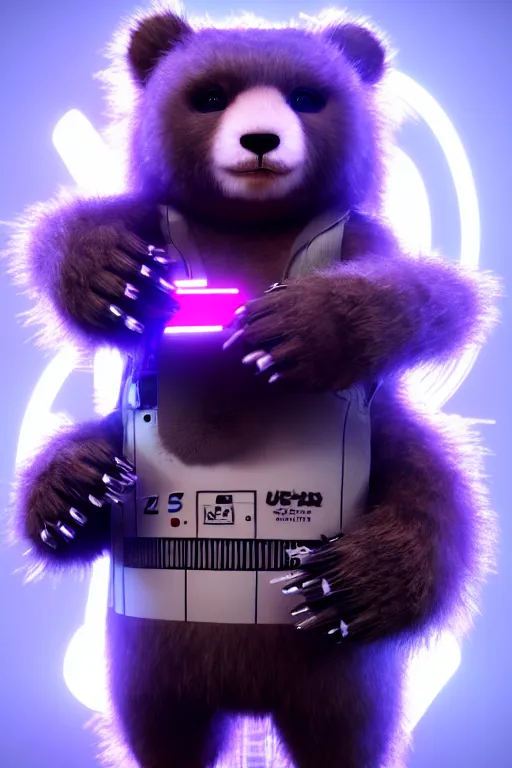 Image similar to high quality 3 d render very cute fluffy cyberpunk bear! plays electric guitar, cyberpunk highly detailed, unreal engine cinematic smooth, in the style of blade runner & detective pikachu, hannah yata charlie immer, moody light, low angle, uhd 8 k, sharp focus