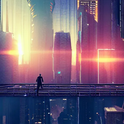 Image similar to a man standing on top of a bridge over a city, cyberpunk art by Vincent Lefevre, behance contest winner, altermodern, cityscape, synthwave, matte painting