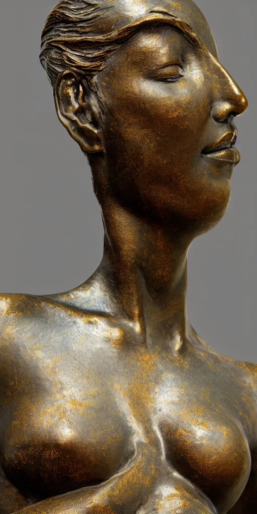 Image similar to detailed photo of old bronze patina statue of most beautiful woman, full body portrait, various bending poses, photorealism, intricate detail, museum diffuse lighting