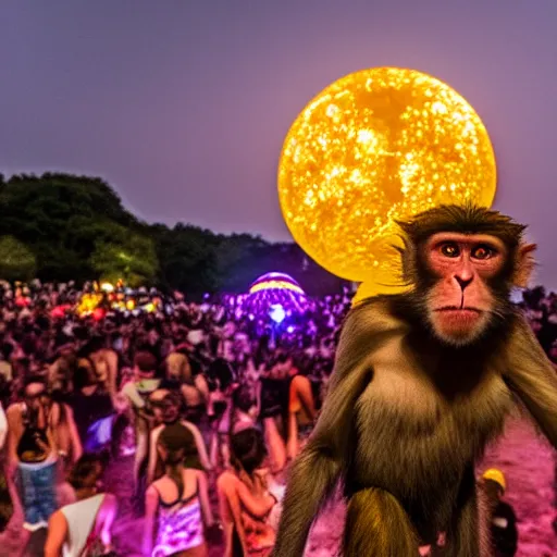 Image similar to A monkey at ozora festival by night