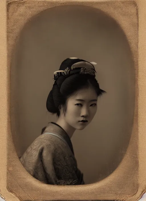 Image similar to a wet plate portrait of a young asiatic young woman, geisha, photorealistic, cinematic light, highly detailed, smooth, sharp focus, illustration, shallow depth of field