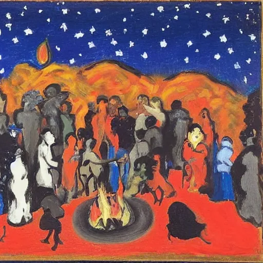 Prompt: hideous by kees van dongen kodachrome. drawing. a group of people gathered around a fire. they are all looking up at the night sky, where a bright star is shining