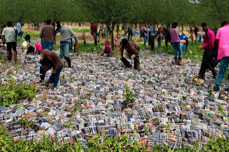 Prompt: sugondese people sorting a giant pile of compact discs within a tree nut field