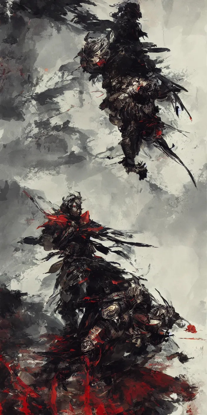 Image similar to a beautiful painting of a chinese warrior in a scenic environment by Yoji Shinkawa and Ruan Jia, strong lines and bold colors, limited color palette, atmosphere and tension, Japanese, trending on artstation