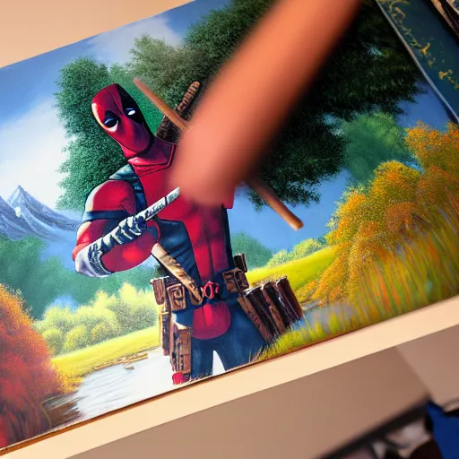 Image similar to a closeup photorealistic photograph of bob ross working on a canvas painting of deadpool. film still. brightly lit scene. mountains and trees. this 4 k hd image is trending on artstation, featured on behance, well - rendered, extra crisp, features intricate detail, epic composition and the style of unreal engine.