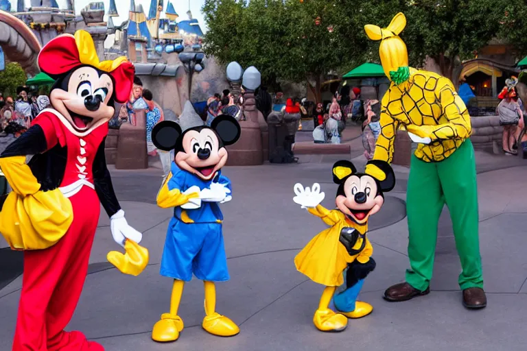 Prompt: an awkward interaction with grossly deformed costumed characters at disneyland. children are terrified. highly detailed, 1 6 k resolution, ultra realistic