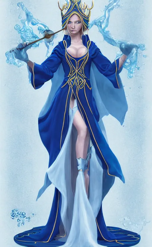 Image similar to elf female sorcerer doing water magic spells, blue robes, exquisite details, full body character design on a white background, by studio muti