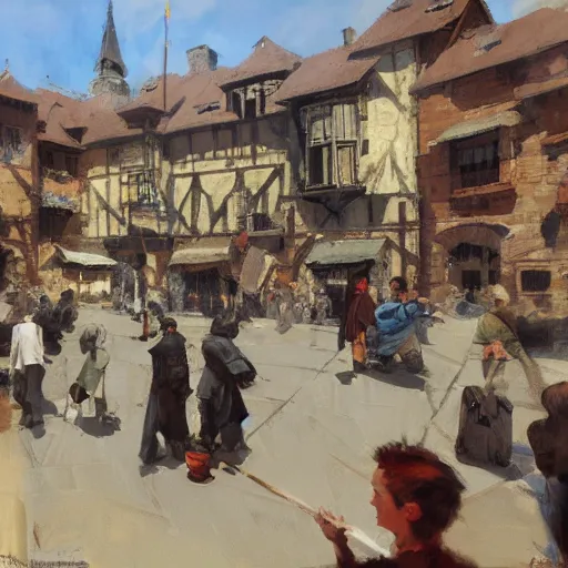 Prompt: medieval town square, detailed by greg manchess, craig mullins, bernie fuchs, walter everett