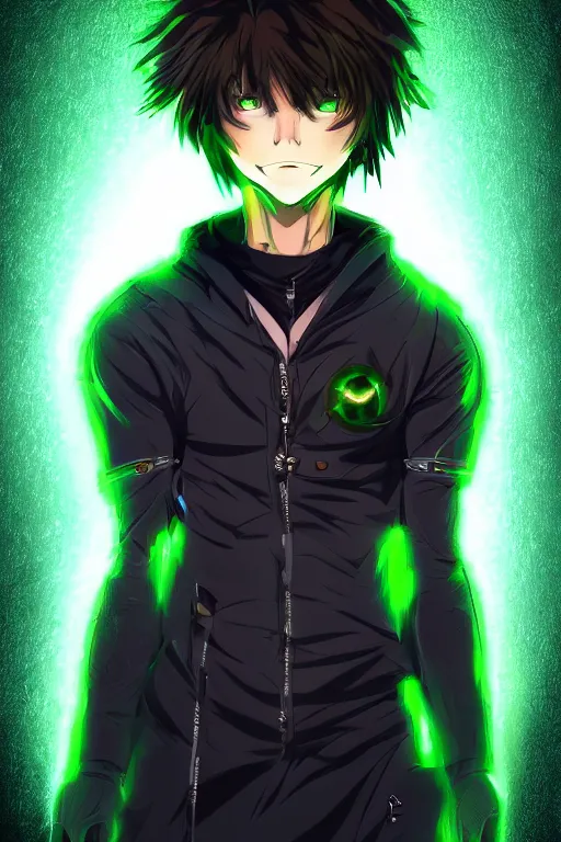 Image similar to nuclear bomb dandelion male anime character, symmetrical, highly detailed, digital art, sharp focus, trending on art station, green eyes, glowing radioactive colours