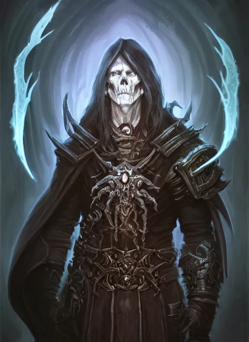 Prompt: portrait of an old male necromancer as a diablo 3 character, looking at camera, D&D, undead magic, long black hair, intricate, elegant, stylish, cute smile, fantasy, extremely detailed, digital painting, artstation, concept art, smooth, sharp focus, illustration, ambient lighting, art by artgerm and greg rutkowski and alphonse mucha and simon stalenhag