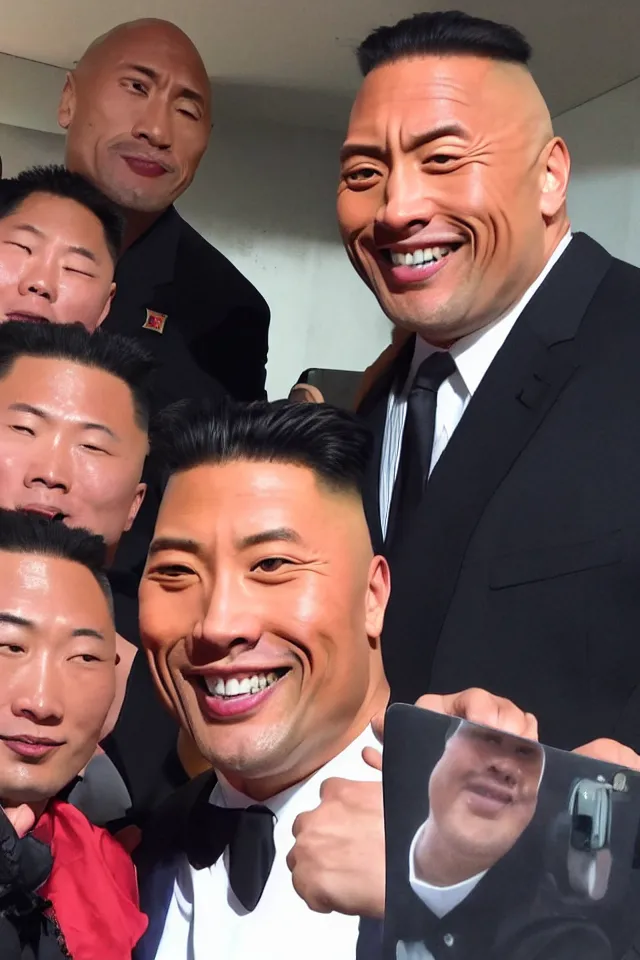 Image similar to selfie of dwayne the rock johnson and kim jong - un, pyongyang, 8 k resolution