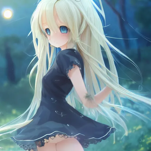 Image similar to a very beautiful anime cute girl, full body, long wavy blond hair, sky blue eyes, full round face, short smile, fancy top, miniskirt, front view, summer lake setting, cinematic lightning, medium shot, mid-shot, highly detailed, trending on Artstation, Unreal Engine 4k, cinematic wallpaper by Stanley Artgerm Lau, WLOP, Rossdraws, and Sakimichan