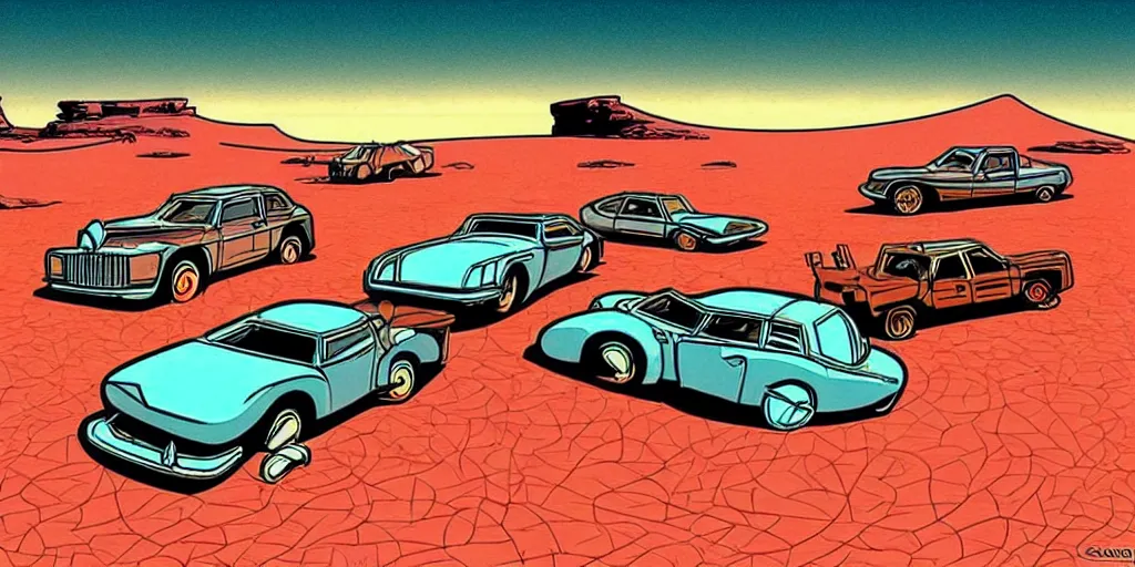 Prompt: vintage cars in a desert, cartoon, moebius style