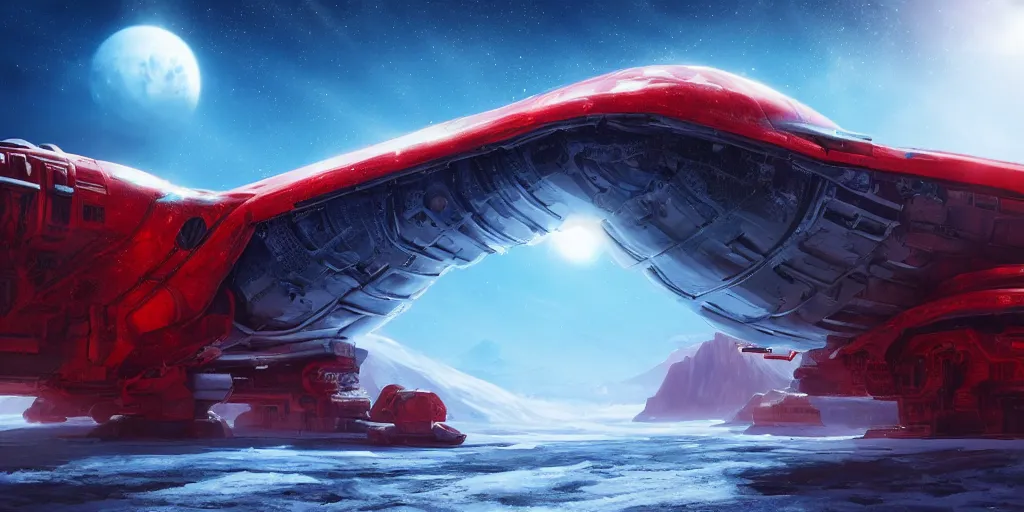 Image similar to legendary space ship, ice fish shape, desert planet, alien technology, cinematic, highly detailed, large blue engines, scifi, hyper realism, intricate digital painting, red glow, gigantic landing pad, scifi base, artstation, by johnson ting, jama jurabaev