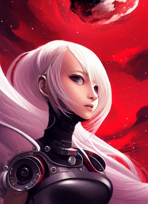Prompt: highly detailed portrait of a hopeful pretty astronaut lady with a wavy blonde hair, by Jesper Ejsing, 4k resolution, nier:automata inspired, bravely default inspired, vibrant but dreary but upflifting red, black and white color scheme!!! ((Space nebula background))