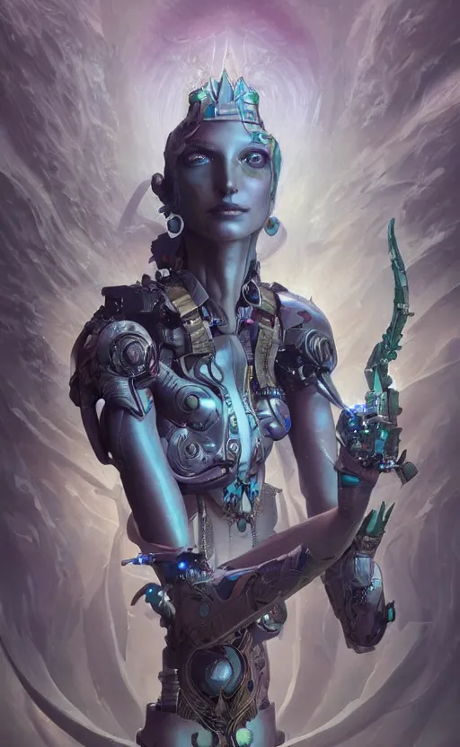 Image similar to Full lengh of a cyborg goddess by Wayne Barlowe and Peter Mohrbacher detailed sharp digital art trending on Artstation