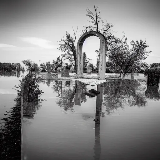 Image similar to The land art shows a grave that has been flooded with water. The grave is located in a cemetery in Italy. The water in the grave is dirty and there is trash floating in it. The grave is surrounded by a fence. by Johannes Voss desaturated