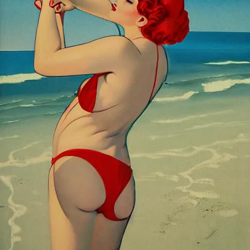 Prompt: Hilda at the beach, pin up illustration by Duane Bryers,