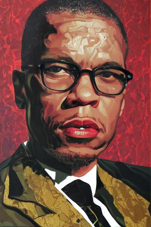 Image similar to Malcolm x, portrait by Kehinde Wiley!!, oil paint on canvas, brushstrokes,