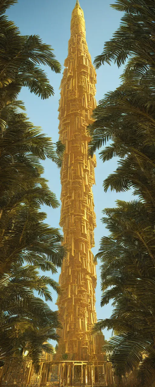 Image similar to eye level view of single tower, golden facade babylon tower, sacred ancient architecture, hanging gardens, cascading highrise, arid mountains with lush palm forest, sunlight, post - production, octane, cgi, sfx