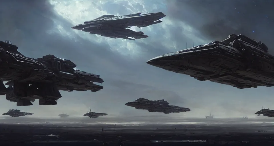 Prompt: hyper realistic sci - fi matte concept art painting of a low flying spaceship over a battlefield filled with mecha and transports, beautiful details, strong composition painted by kim jung guweta studio rutkowski, james gurney and greg rutkowski, and lucasfilm, smooth, intricate, detailed, sharp focus, cinematic