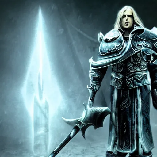 Image similar to arthas menethil as the american psycho, cinematic still, warcraft 3 graphics