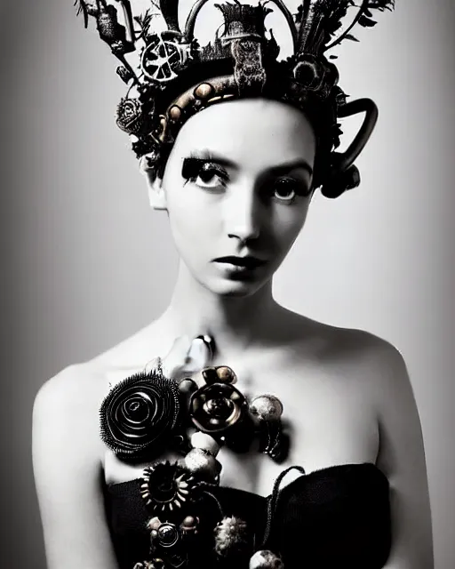 Image similar to a black and white high quality dreamy photo of a young beautiful female queen-silver dragon-vegetal-flower-cyborg bust with a very long cyborg neck and a steampunk flower crown, elegant, highly detailed, poetic, soft, dreamy, mysterious, high fashion, in the style of Horst P. Horst, Metropolis, Realistic, Refined, Digital Art, Highly Detailed, Cinematic Lighting, rim light, black and white, photo-realistic, 8K