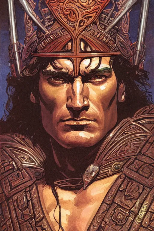 Image similar to a stunning and hypnotic full-color futuristic art nouveau styled action portrait of conan as a stoic barbarian king with stony and condemning eyes, extremely detailed and brusque swarthy facial structure, rune-engraved armor, perfectly symmetrical facial structure and linework, proud and honorable facial characteristics, by bill sienkiewicz, michael kaluta, michael whelan and travis charest, dark sci-fantasy, deep complexity, precisely accurate male muscle anatomy, muscular male hero, RPG character concept, photorealism, spectacular framing, minimalist lighting, hyperrealism, 8k